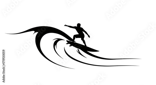 Black silhouette of a surfer riding a stylized wave on a white background