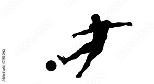 Black silhouette of a soccer player kicking a ball isolated on a white background