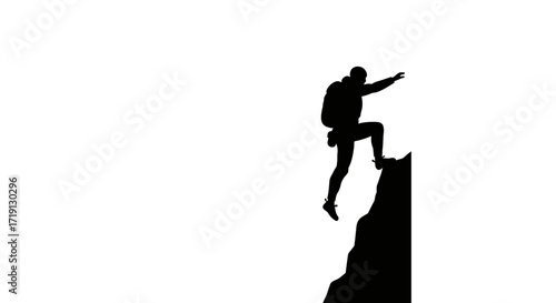 Silhouette A climber with a backpack ascends a dark rock face against a white backdrop