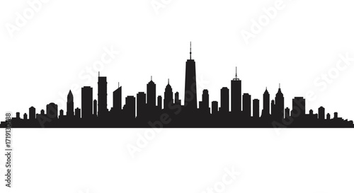Silhouette of a city skyline with varying building heights against a white background