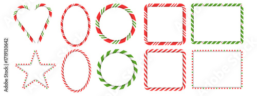 Candy cane twisted border collection. Rectangle, circle, star, and heart frames in red and green lollipop style. Striped design for xmas decor.