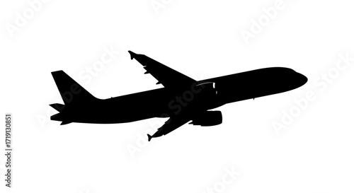 Silhouette of a plane flying at an angle against a white background
