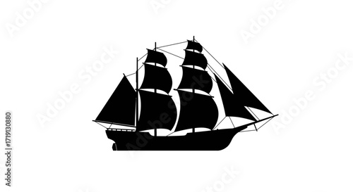 Silhouette of a sailing ship with multiple sails and masts