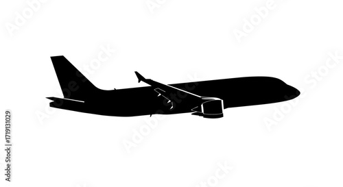 Silhouette of an airplane viewed from the side showing its engines wings fuselage and tail