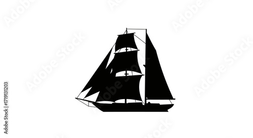 Silhouetted tall sailing ship with multiple sails masts and hull on white
