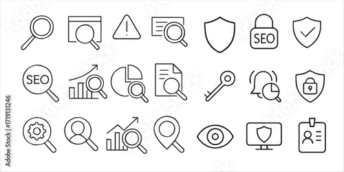 A set of  web search icons and SEO icon and security icons . Containing SEO, Digital marketing, data analysis, management, investigate, find and more. Editable stroke 