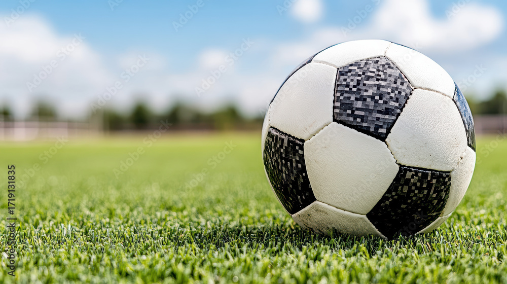 Fototapeta premium Close up of soccer ball green field blue sky with clouds, evoking excitement and playfulness