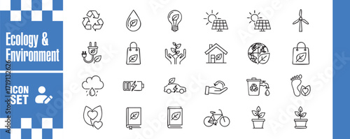 Ecology and environment icon set collection of line icons related to ecology and environment, including renewable energy, conservation, and sustainability