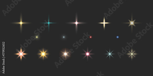 Set of shining stars, glowing spark. Flash. Light rays. Lighting effects