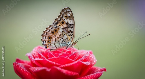 Dew-Kissed Butterfly: Intricate Wings on a Vibrant Red Rose, Soft Green Backdrop