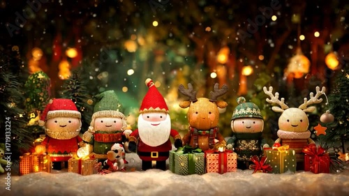 AI generated video of a cheerful Christmas family dancing with Santa Claus, reindeer, and playful elves, the whole company celebrating together surrounded by sparkling gifts and festive magic.