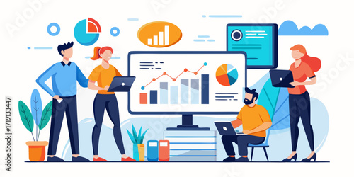Diverse team collaborating on data analysis and business strategy with charts and graphs
