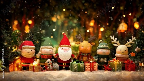 AI generated video of a cheerful Christmas family dancing with Santa Claus, reindeer, and playful elves, the whole company celebrating together surrounded by sparkling gifts and festive magic.