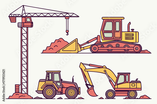 Isolated vector illustration of heavy construction machinery, including a yellow hydraulic forklift and bulldozer, on a white background
