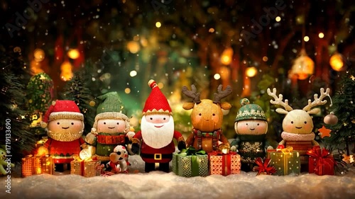 AI generated video of a cheerful Christmas family dancing with Santa Claus, reindeer, and playful elves, the whole company celebrating together surrounded by sparkling gifts and festive magic.