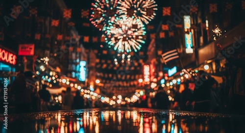 Festive Night City Scene with Fireworks and Reflections