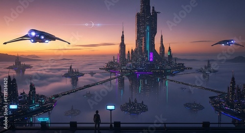 Floating Cityscape of the Future at Dawn