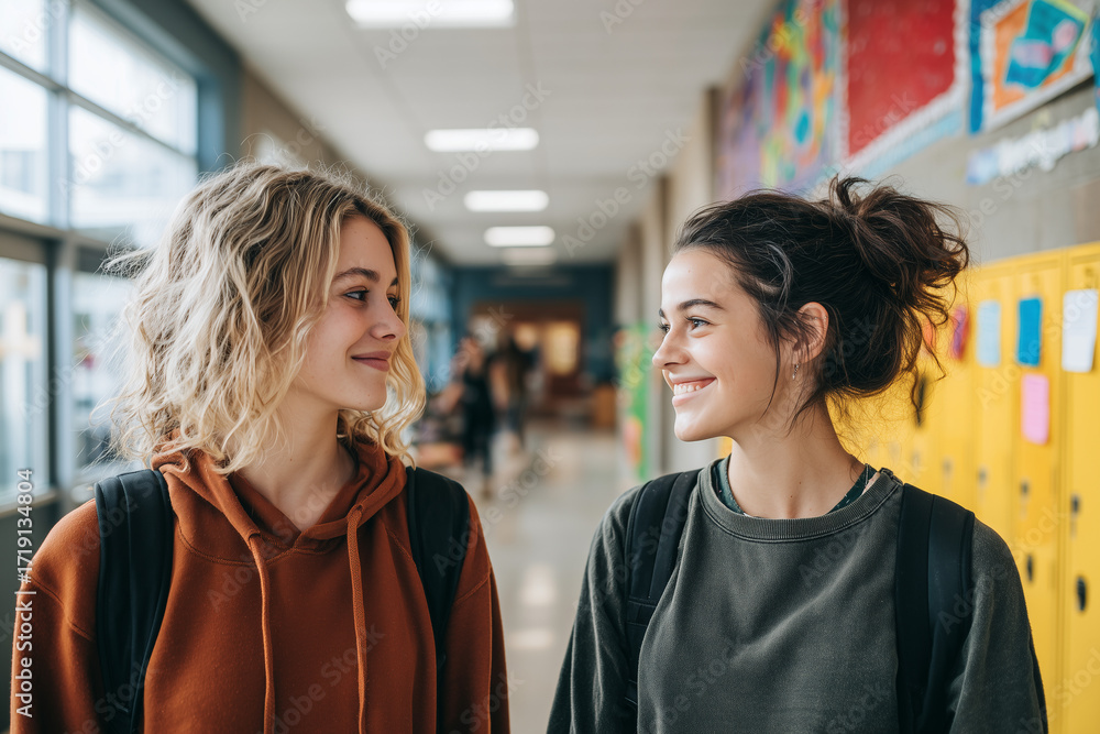 Obraz premium Two smiling high school girls chatting in a colorful school hallway with lockers — candid moment of teenage friendship, backpacks and student life