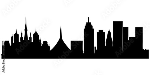 A sleek vector silhouette of a city skyline with buildings and towers

