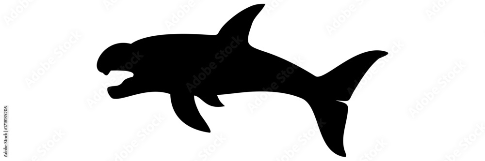 Fototapeta premium A striking black silhouette of a dolphin and a shark illustrates the diverse marine life swimming in the ocean