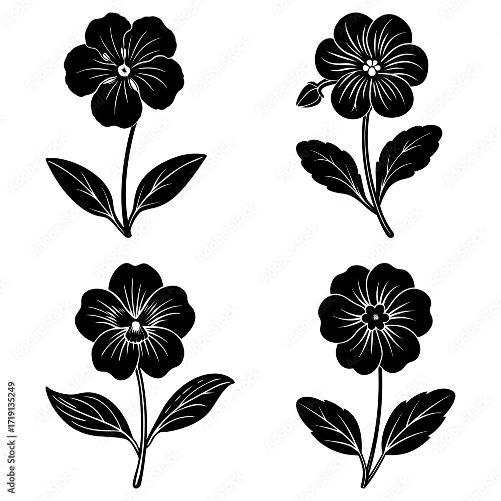 Obraz premium Four black and white floral illustrations with detailed petals and leaf arrangements on white backdrop