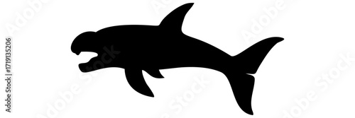 A striking black silhouette of a dolphin and a shark illustrates the diverse marine life swimming in the ocean