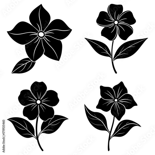 Four black and white stylized flowers with five petals and leaves in various orientations on white background
