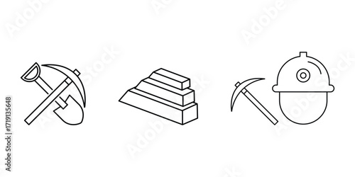 Gold mining, treasure discovery tools helmet bar icon vector illustration set.