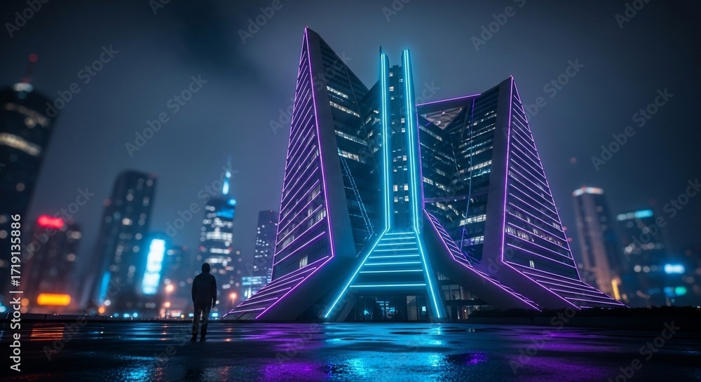 Obraz premium Futuristic Cityscape with Neon Lights and a Contemplative Figure at Night