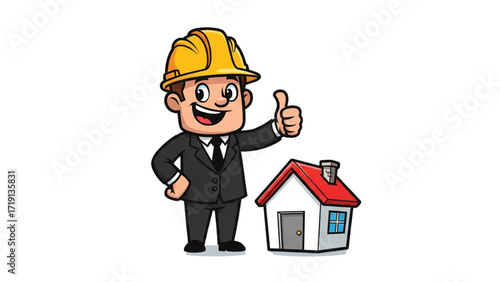 Engineer cartoon gives thumb up near house isolated over black