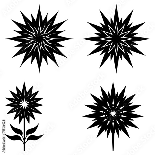Four stylized black floral designs with spiky petals and stems on a white background in a symmetrical layout