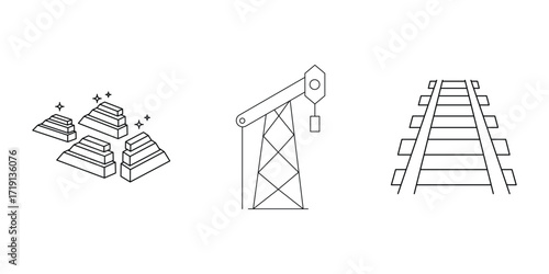 Gold bars, crane lifting track railway mining transportation industry icon vector illustration set.