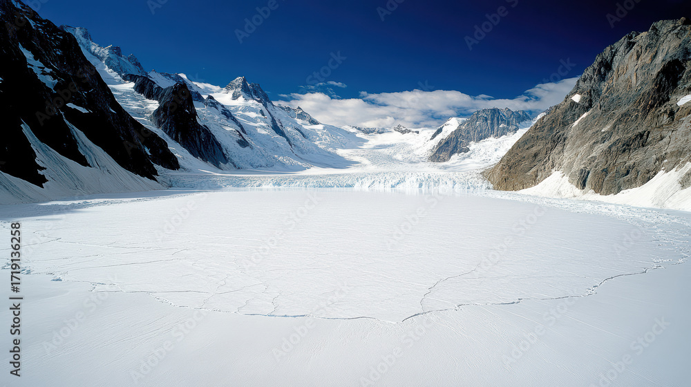 Obraz premium Glacier landscape with visible cracks and majestic mountains under clear blue sky
