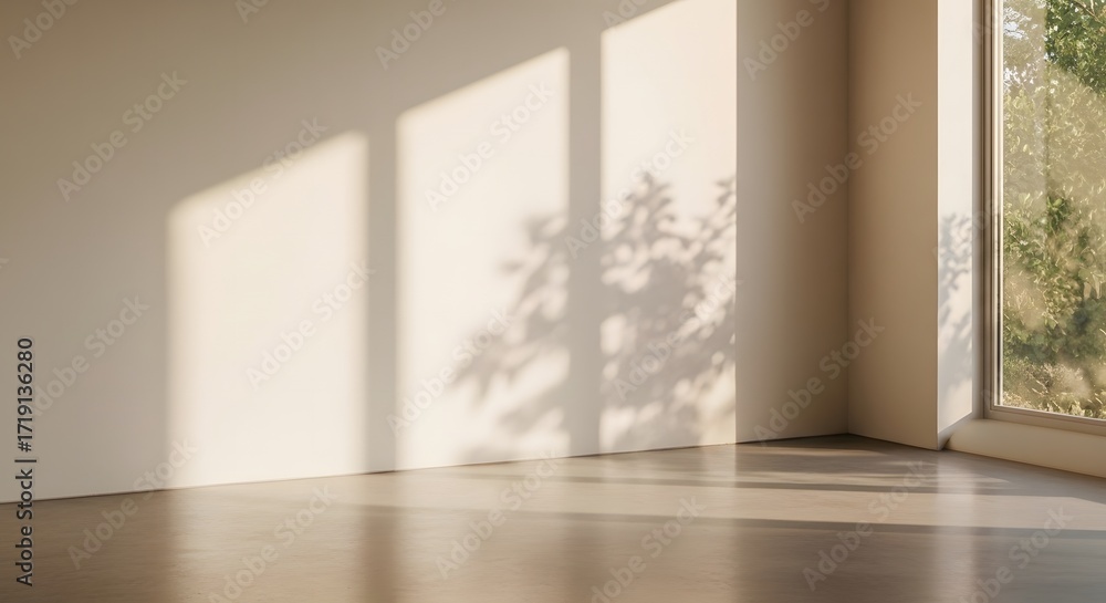 Fototapeta premium Minimalist interior with warm sunlight and long window shadows