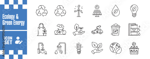 Ecology and green energy icon set collection of linear vector illustrations representing sustainable lifestyle, renewable resources, and environmental protection