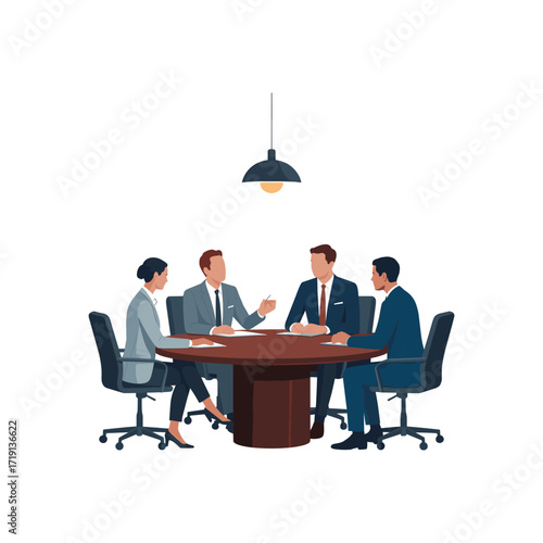 Diverse business team collaborating in a modern meeting room around a conference table with overhead lighting