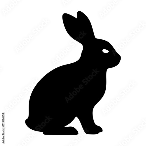 A simple black silhouette of a rabbit sitting upright against a plain white background.
