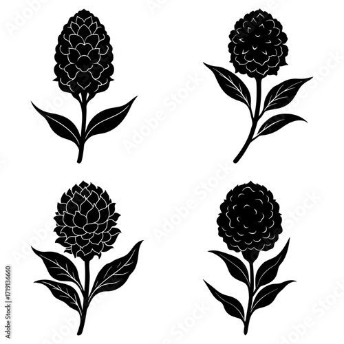 Four stylized black flower arrangements with detailed petals and leaves on a white background design element