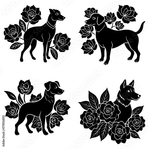 Illustration of four dogs with rose flowers in black and white silhouette style decorative arrangement art