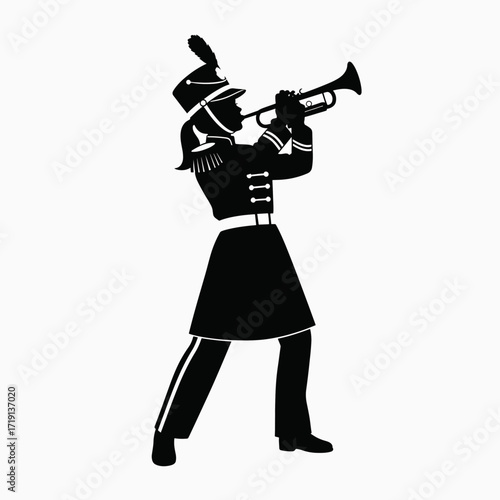 Silhouette of a Marching Band Trumpet Player in Uniform Performing Music