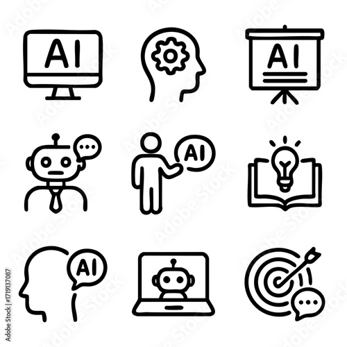 A set of doodle line icons representing AI coaching, robots, machine learning, human brain, communication, and innovation