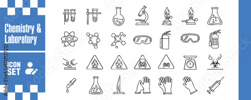 Chemistry and laboratory icon set collection of hand drawn doodle vector illustration of chemistry, laboratory, science, experiment, research, and equipment