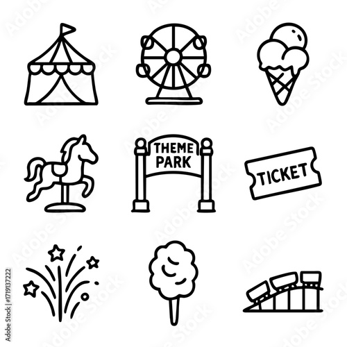 A set of doodle line icons showing theme park attractions like ferris wheel, roller coaster, food, games, tickets, and fireworks