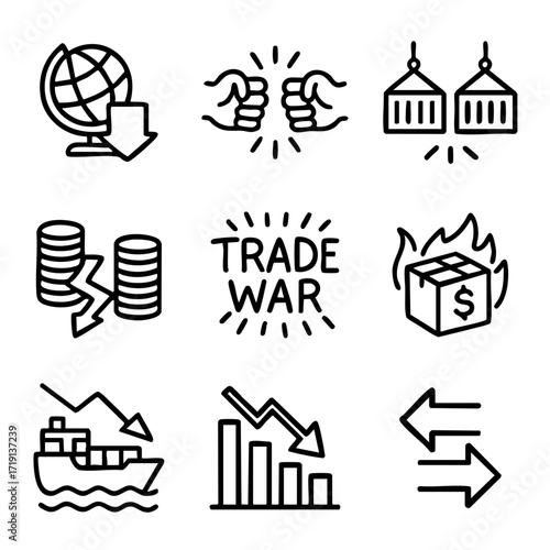 A set of doodle line icons showing trade war concepts like tariffs, shipping decline, economic crash, export conflict, and global trade tension
