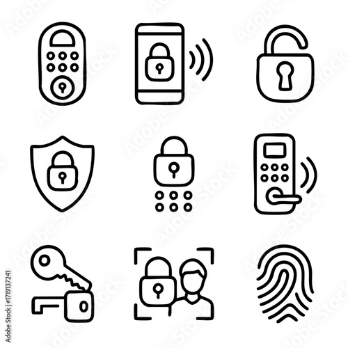 A set of doodle line icons showing smart locks, biometrics, passwords, keys, mobile access, and modern security technologies