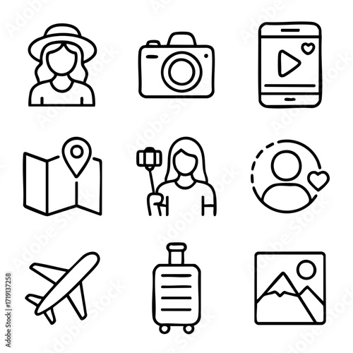 A set of doodle line icons showing travel and influencer elements like camera, suitcase, airplane, selfies, social media, and maps