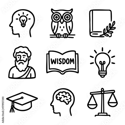 A set of doodle line icons symbolizing wisdom, philosophy, knowledge, ancient thinkers, education, balance, and creative ideas