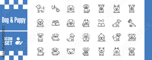 Dog and puppy icon set collection of linear vector illustrations of different breeds, food, toy, house, bone, paw and other elements