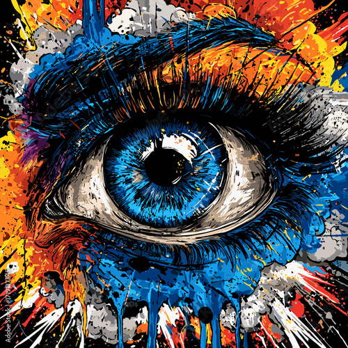 This striking image features a close-up of a vibrant blue eye, surrounded by an explosive burst of colors, including orange, blue, and black splashes. The eye's intense gaze is complemented by the dyn
