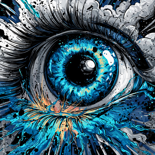This striking image features a close-up of a vibrant blue eye, surrounded by an explosive burst of colors, including orange, blue, and black splashes. The eye's intense gaze is complemented by the dyn